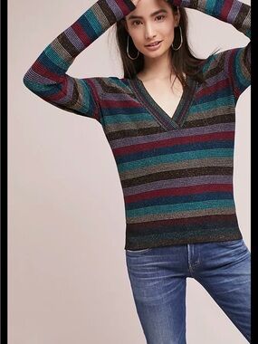 Anthropologie MOTH Striped V-Neck Sweater in metallic Teal, Plum & gold